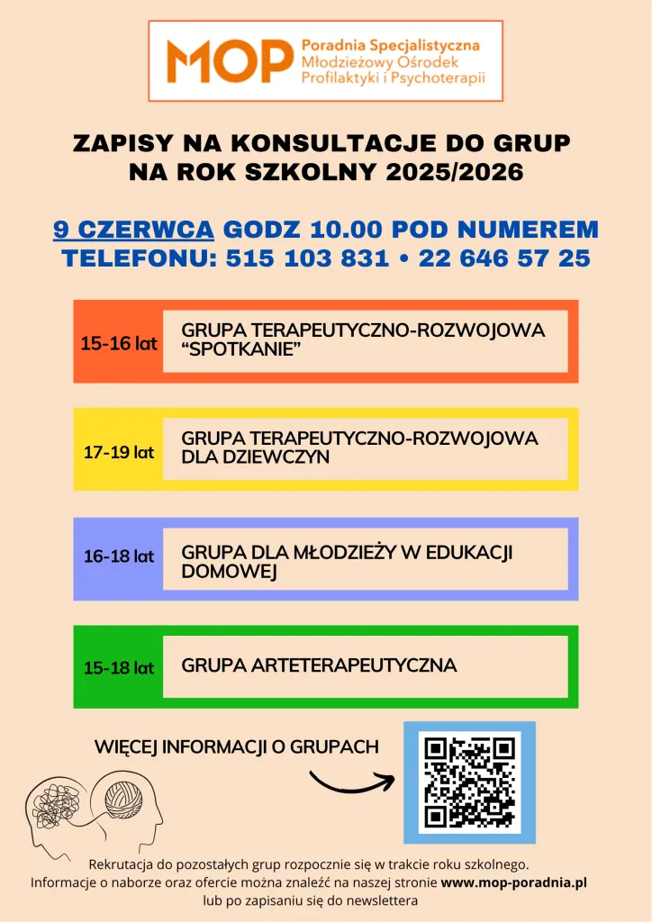 MOP - zapisy na konsultację do grup terapeutycznych na rok szkolny 2025/2026